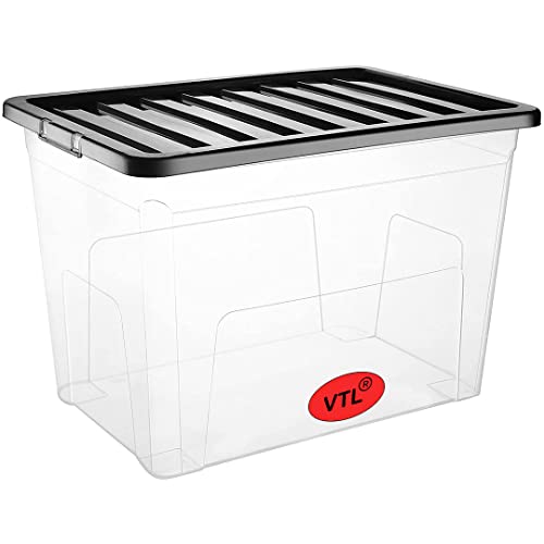 VTL 5 x 80L 80 Litre X Large Plastic Storage Clear Box Strong Stackable Container Black Lid (Pack of 5) MADE IN UK