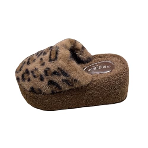 ZQW Fuzzy Plush Lined Mule Slides Women Chunky Block Heel Wedge Platform with Buckle Leopard Print Winter Non Slip Outdoor