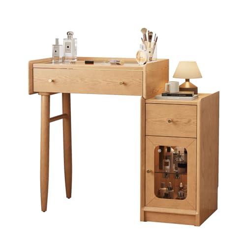 Image of Luxury 100% Solid Wood Vanity Desk with Mirror, Mid-Century Modern Makeup Table with Glass Top & Ambient Light, 2-in-1 Vanity and Nightstand with Storage Cabinet for Bedroom ([Natural] Desk + Mirror)