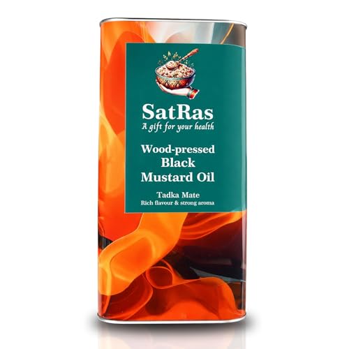 Image of SatRas Wood Pressed Mustard Oil 5 Ltr | Cold Pressed Kachi Ghani Sarso Oil | Wooden Kolhu Extracted Black Mustard Oil | Rich in Omega 3, 6 & Vitamin E, Unrefined, Chemical Free, Pure Indian Edible Oil