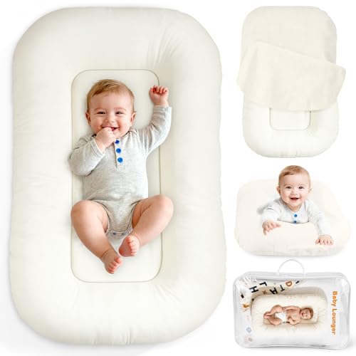 Baby Lounger & Snuggle Nest for Newborn 0-24 Months, Baby Nest Supervised Breathable Cotton for Newborn, Breathable Portable Lounnger for Travel and Home, Cashmere Beige (Lounger Cover Included)
