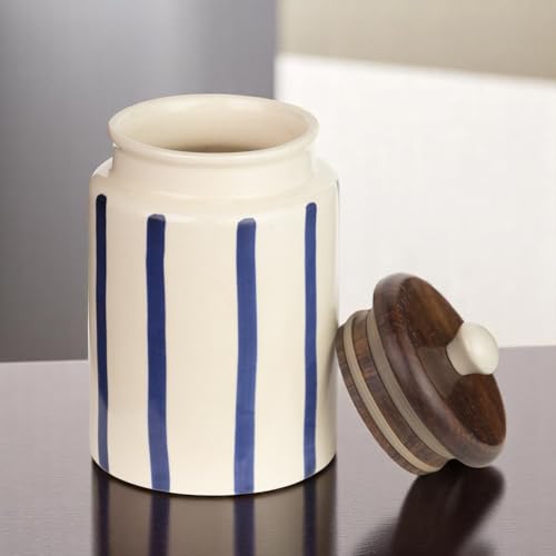 Image of Airtight Ceramic Jar - 900ml Each - Wooden Lid - Kitchen Containers for Sugar, Tea, Salt, Pickles, Pulses & More (Blue Lines)