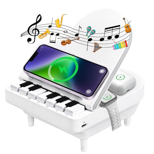 Mfoffice 8 in 1 Piano Gifts, 3 in 1 Wireless Charging Station, Bluetooth Speaker with Lights, Piano Playing Key, Modern Piano Design for Bedroom, Living Room, and Office Decor (White)