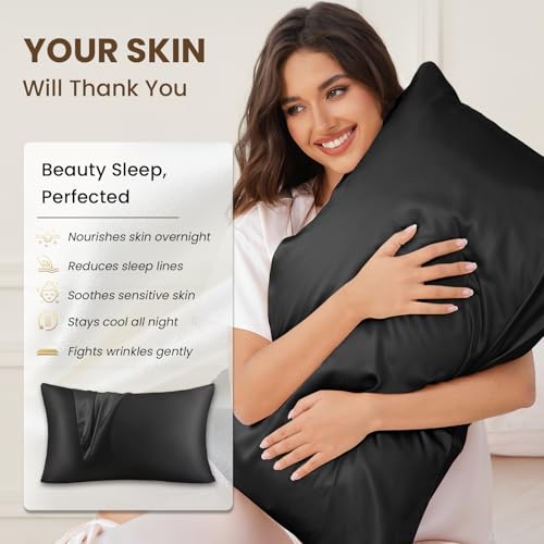 Image of THXSILK 100% Pure Mulberry Silk Pillowcase for Hair and Skin, 25 Momme Mulberry Silk Dual Sides, Silk Bed Pillow Case with Hidden Zipper, 1pc, Standard Size(20 inchx26 inch), Black