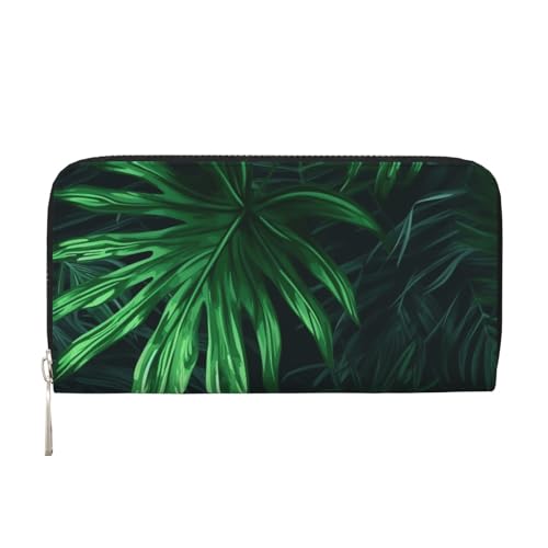 Leather Wallet for Women Long Purse Green Tropical Jungle Plant Womens Wallet Clutch with 8 Credit Card Holder Coin Pocket