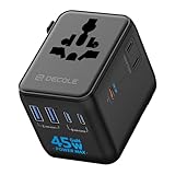 decqle Reiseadapter Weltweit, Universal Reisestecker mit 3 USB-C (GaN 45W), 2 USB-A und 1 AC Steckdose, Internationaler Steckdosenadapter, AC Adapter Universaladapter für EU, UK, US, AU (Schwarz)