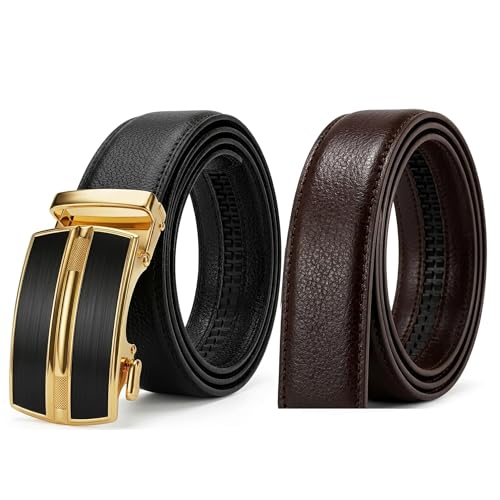 Image of JINIU Men's Ratchet Belt Buckle, Black Genuine Leather Slide Belt for Men Dress Suit, Micro Adjustable Trim to Fit Boxed