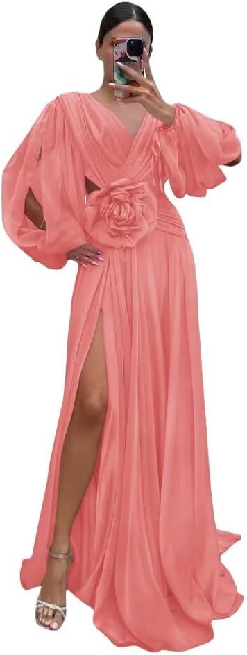 Chiffon Bridesmaid Dresses Long Sleeves Formal Dress 3D Floral V Neck Pleated Evening Gowns with Split