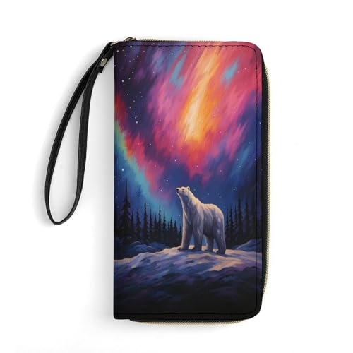 Aurora Polar Bear Women's Wallet Wristlet Zipper Purse with Hand Strap Travel Credit Card Holder for Daily Use Gifts