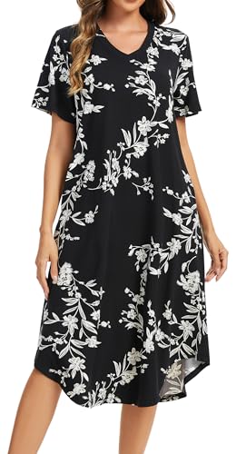 Image of Kabento Nightgowns for Women Cotton Short Sleeve Long Night Gowns with Pockets
