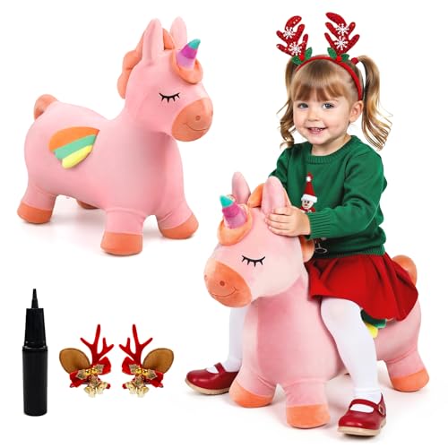 EVERICH TOY Bouncy Horse Unicorn Toys, Inflatable Bouncing Animal Hopping Toys, Outdoor Indoor Ride on Bouncer, Boys Girls Birthday Gift for 18 Month 2 3 4 5 6 Year Old Kid- Plush Unicorn Toy