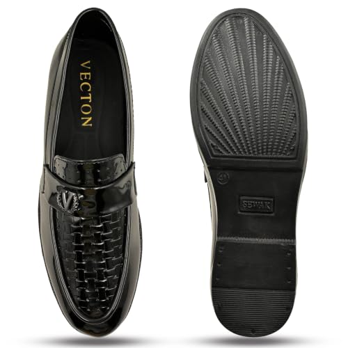 Image of Men's Glossy Loafers | Synthetic Leather | Formal Slip-On Shoes for Men | Woven Texture Patent Finish | Cushioned Comfort | Office, Party & Wedding | Black - Multicolour