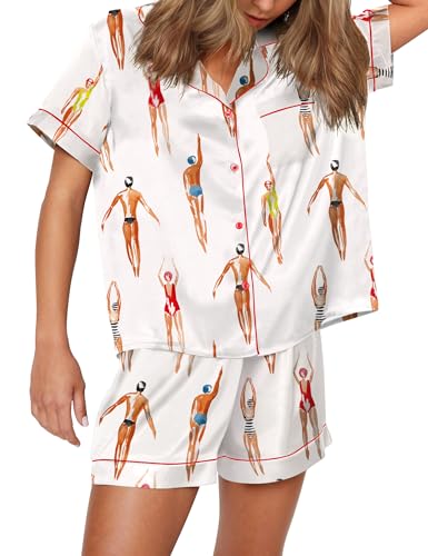 Image of SHESHOW Pajamas for Women Set Satin Button Down Short Sleeve Top and Shorts Pjs Sets Sport Ball Print Sleepwear XS-XXL