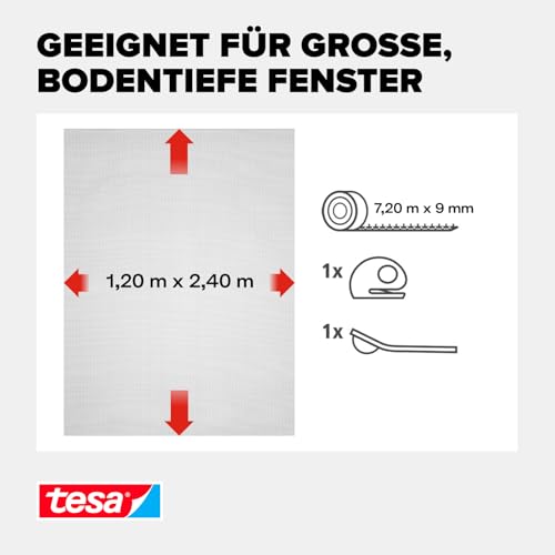 tesa Insect Stop Comfort Fliegengitter für bodentiefe Fenster - Insektenschutz selbstklebend - Fliegen Netz ohne Bohren - 120 cm x 240 cm - Weiß (Leichter Sichtschutz)