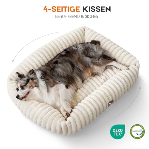 Upvilla Luxusweicher Hundekorb, Super Weiches hundebett Grosse Hunde, 4-seitiges Nackenkissen, Abnehmbare Waschbare Hundematte, Hundesofa mit Griffen, Haustierbett (Beige, 109 * 76 * 20cm)