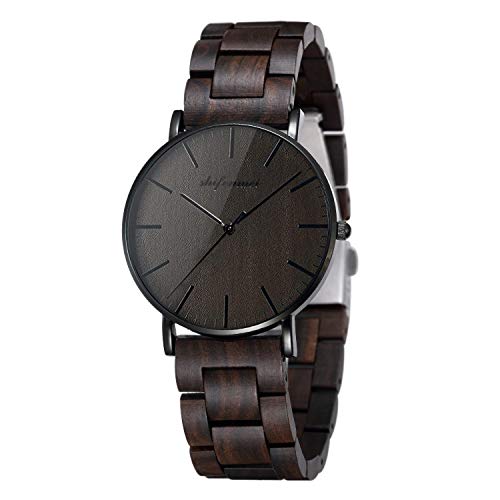 Wooden Watches, shifenmei 5567 Minimalist Watches Classic Design Analog Quart Wood Watches for Men Adjustable Wood Strap Handcraft Wooden Watch for Unisex Husband Dad Son Friend Mom (Ebony)