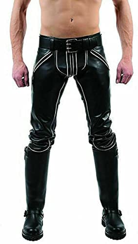Genuine Leather Pants for Men Bikers Fashion Pants 100% Real Leather (US, Numeric, 42, Regular, Regular, Standard, Black White Strip)