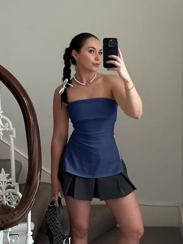Cicy Bell Womens Strapless Tube Tops Fitted Ribbed Knit Y2K Going Out T Shirts Summer Side Zipper Backless Bandeau Tops Navy — view 3