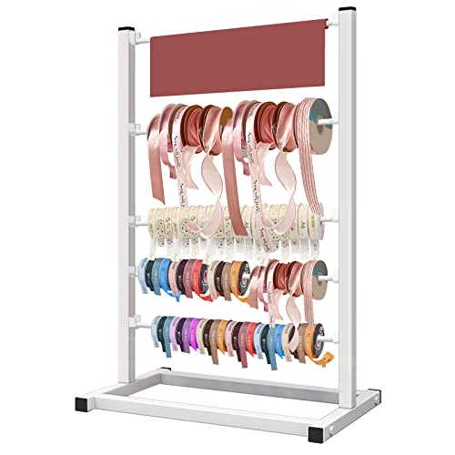 Image of Metal Ribbon Holder Organizer Rack, 4 Tier Stand Ribbon Roll Display Storage Shelf for Mothers Day Flower Store Craft Room Gift Wrapping (White)