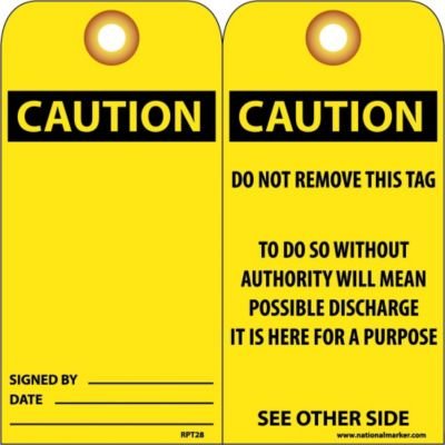 NMC RPT28G "Caution" Accident Prevention Tag with Brass Grommet, Unrippable Vinyl, 3" Length, 6" Height, Red, Black on Yellow (Pack of 25)