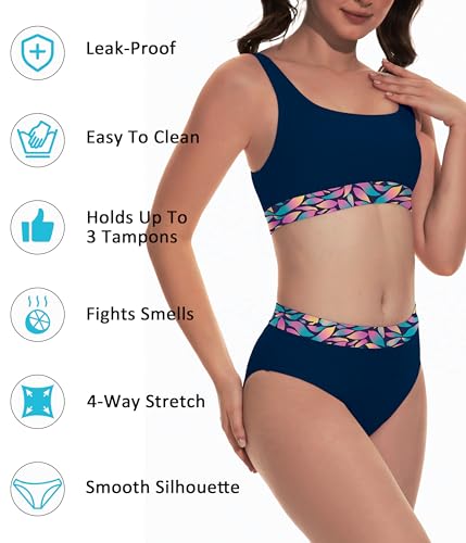 Image of Beautikini Period Swimwear Two Piece Menstrual Leakproof Swimsuit Bikini Sets Mid Waist Print Bathing Suit for Women