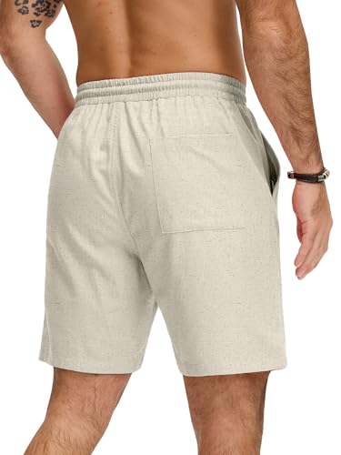 JEMLDL Mens Beige Linen Shorts Elastic Waist Drawstring Cotton Linen 7 Inch Casual Summer Beach Vacation Shorts Medium — view 4
