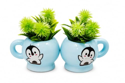 Image of Cute Penguin Ceramic Planter Mug with Artificial Plant Set of 2 | Sky Blue Ceramic Pot with Artificial Green Plant | Desk Decor Planter for Home, Office & Table Decoration | Gifting Plant Pot