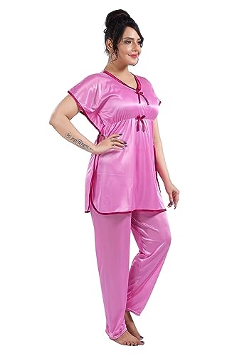 Image of Fabme Women's Satin Plain Kaftan Top & Pyjama Set