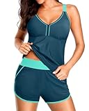 Talisea Women 2 Piece Tankini Swimsuit with Pockets Boy Shorts Modest Bathing Suit Tummy Control Tank Top Teal and Green L