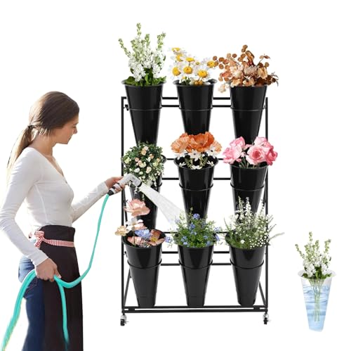 Pxkmouy Flower Display Stand Cart With 9 Buckets Commercial Metal Plant Rack with Wheels 3 Tiers Shelf Bouquet Holder for Floral Bar Florist Shop Indoor Outdoor Patio Garden Decor