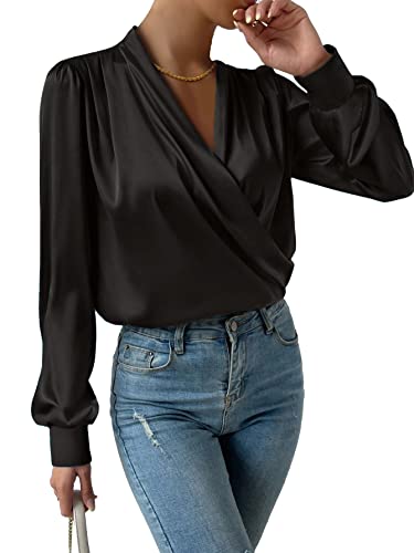 Vrtige Women's Satin Silky Draped Wrap V Neck Ruched Long Sleeve ...