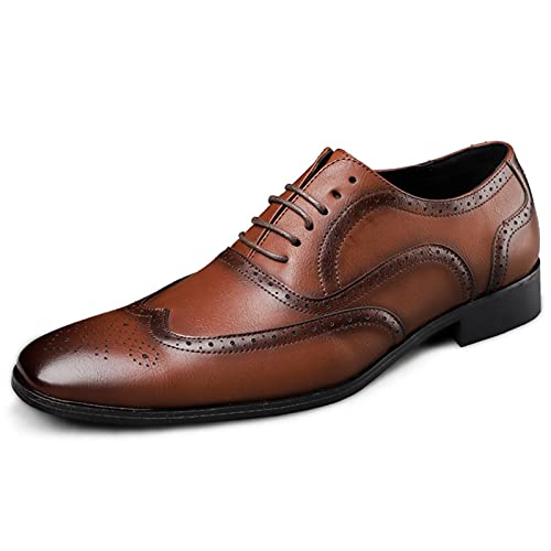 Dress Oxford Formal Shoes for Men Lace Up Brogue Embossed Burnished Wing Tip Vegan Leather Non Slip Resistant Rubber Sole Low Top Block Heel Wedding