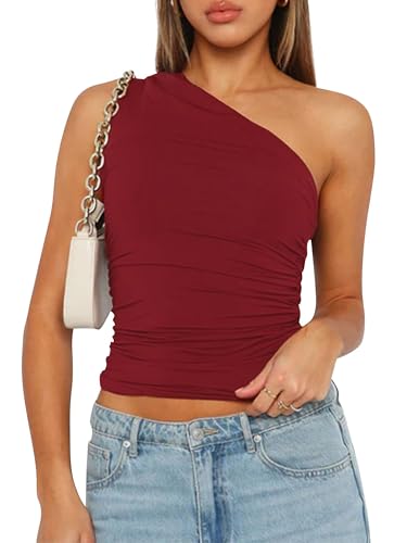 Women Sexy Sleeveless One Shoulder Crop Tank Tops Ruched Tight Slim Fitted Workout Y2K Vest Top Trendy Cami Going Out Tops (Z1 Wine Red, M)
