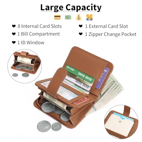 Image of GOIACII Small Wallet for Women RFID Blocking Bifold Wallets Ladies Card Holder Coin Zipper Pocket Brown