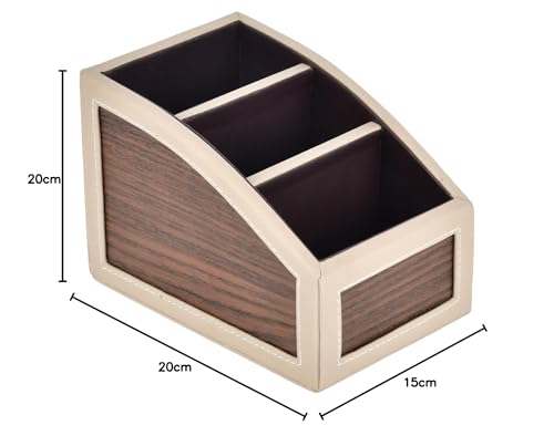 Image of Premsons Classic Remote Holder - 3 Section Tabletop Organizer in Light Brown | Faux Leather with Refined Wooden Finish | Decorative & Practical Organizer - Beige