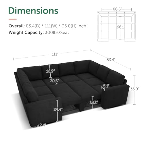 Image of HONBAY Sleeper Sectional Couch with Pull Out Bed, Velvet Modular Sofa with Storage, U Shaped Sectional Couches for Living Room, Black