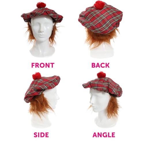 Adults Tam O' Shanter Hat - Red Adults Tartan Scottish Hat with Attached Ginger Hair - Scotland St Andrews Day Burns Night Fancy Dress Costume Accessory