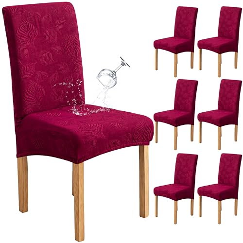 Image of Waterproof Dining Chair Cover Set of 6,Kitchen Chair Cover,Wine | Stretch Dining Room Chair Slipcovers with Leaf Jacquard,Removable Kitchen Chair Protector for Home,Restaurant,Banquet