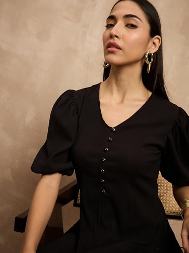 Image of Amazon Brand - INKAST Women A-Line Midi Dress | Puff Sleeves | Perfect for Casual and Semi-Formal Occasions