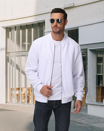 Image of YuKaiChen Mens Lightweight Bomber Jacket Casual Plaid Jacquard Varsity Jacket Coat with Zipper Pockets