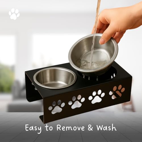 Image of Metal Black Dog Bowl Stand | Large Stainless Steel Bowls for Raised Dogs & Cats | Elevated Dog Food Removable Bowls | Pet Feeder & Water Dispenser for All Breeds | Paw Design (Set of 2, Each 900 ml)