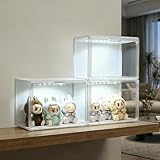 GUDEMAY Clear Stackable Plastic Storage Bins with Magnetic Lid & LED Light – Acrylic Display Case for Collectibles, Dolls, Books, Cosmetics, Shoes, Purses – Dustproof Showcase Organizer Box (3 Pack)