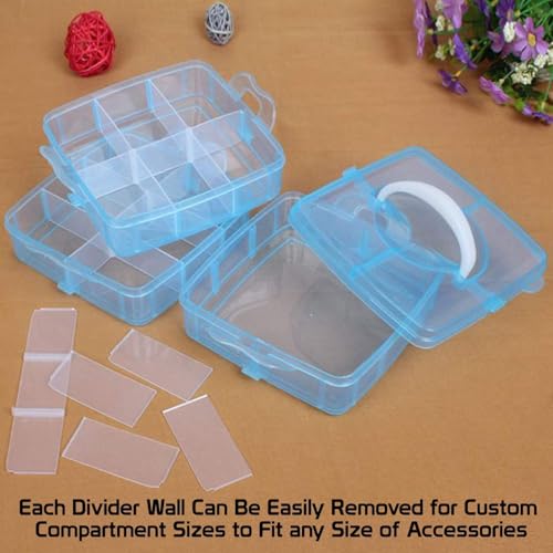 Image of UCRAVO Blue Plastic Storage Box 3-Tier 18 Grid Stackable Storage Containers with lids Adjustable Compartments for Craft Organizers Storage for Jewelry, beads,beauty,makeup & sewing supplies