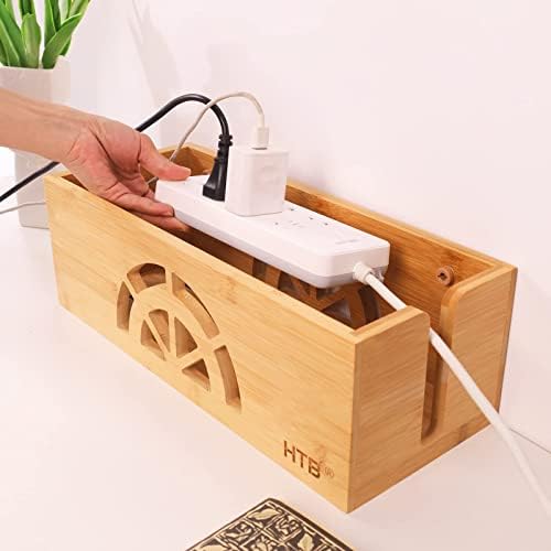 Large Cord Organizer for Desk by HTB, 40 x 16 x 13cm Cable Management Box and Bamboo Cable Management for TV Entertainment Center, Home Office, Desktop, and Computer Desk