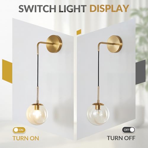 Image of BOKT Mid Century Modern Globe Wall Sconce Lighting Brushed Brass Gold Amber Glass Round Wall Light Fixture Vintage Vanity Globe Bathroom Bar Wall Lamp (Gold+Amber)