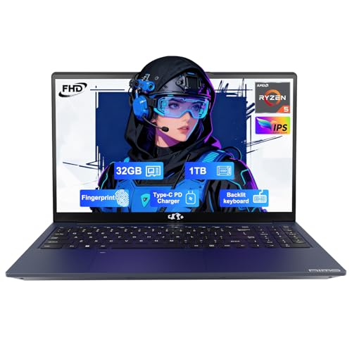 NIMO 15.6'' FHD IPS Student-Laptop-Computer - 32GB RAM 1TB SSD, AMD Ryzen 5(Beat i5-1135G7, 4 Cores Up to 3.7GHz), 65W Type-C, 2 Years Warranty, Fingerprint, Backlit Keyboard, Wi-Fi 5, BT5.2, Blue