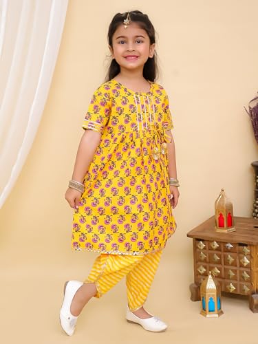Image of superminis Cotton Blend Baby Girl's Jaipuri Print Frock Style Kurti With Frill Sleeves And Dhoti Style Salwar With Elastic Closure Ethnic Dress Clothing Set