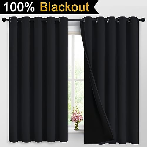 Image of Yakamok 100% Blackout Curtains for Bedroom, 2 Thick Layers Thermal Insulated Grommet Total Blackout Drapes with Black Liner for Living Room (62Wx63L,Black, 2 Panels)