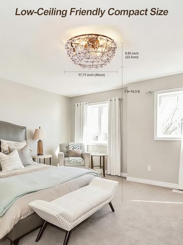 Image of 18 inch Flower Fandelier Ceiling Fan with Light, Crystal Flush Mount Ceiling Fan with Light and Remote, Mid Century Caged for Bedroom, Nursery, Living Room