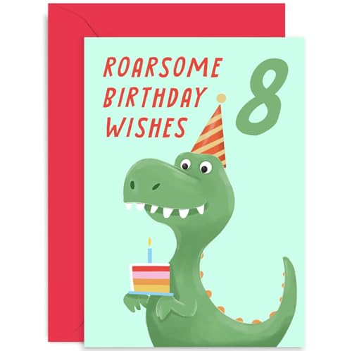 Old English Co. Fun T Rex Dino Roarsome Birthday Wishes Card for Son Daughter - Birthday Card for Girl Boy | Dinosaur Gift for Birthday Party | Blank Inside with Envelope (8th)
